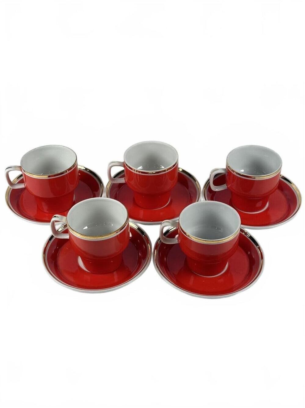 Set of 5 Vintage Hollohaza Hungary Espresso Cups & Saucers – Red Gold Porcelain